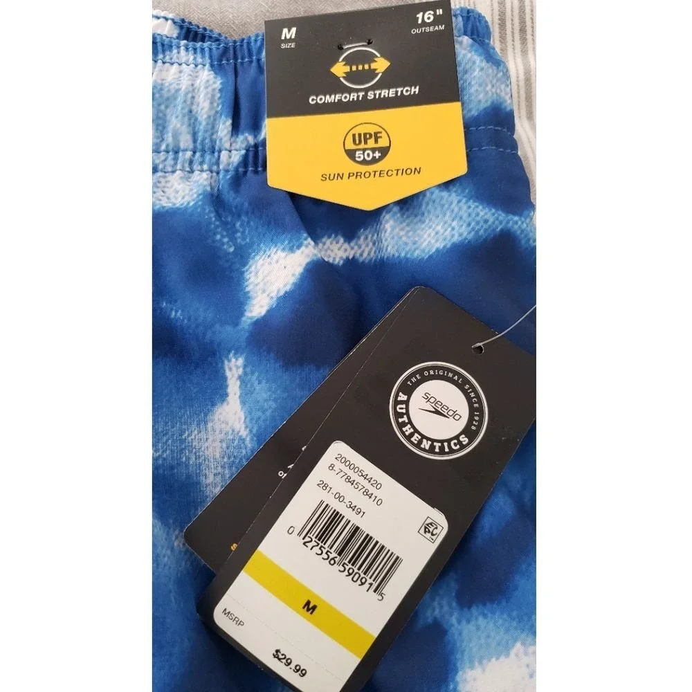 Speedo Mens Blue White Tie Dye Swim Trunks Comfort Stretch UPF 50+ Sz M NWT